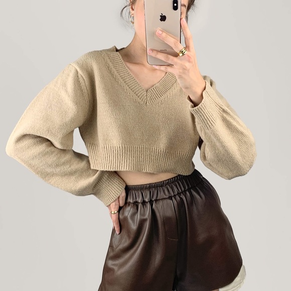 Jing Brown Elastic Waist A-Line Vegan Leather Shorts - Picture 2 of 6